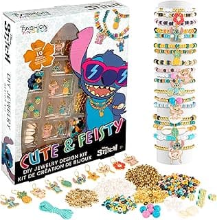 Fashion Angels Disney Stitch Cute & Feisty DIY Jewelry Design Kit, Makes 10+ Charm Bracelets, Includes Charms, Beads & Elastic, Ideal for Girls & Boys image