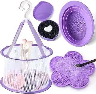 Caliee 4PCS Silicone Makeup Brush Cleaning Mat Purple Makeup Brush Cleaner Bowl with Hanging Drying Net Cleaner Sponge Foldable Pad Travel Makeup Cleaning Tools for Brushes, Makeup Sponge, Powder Puff image