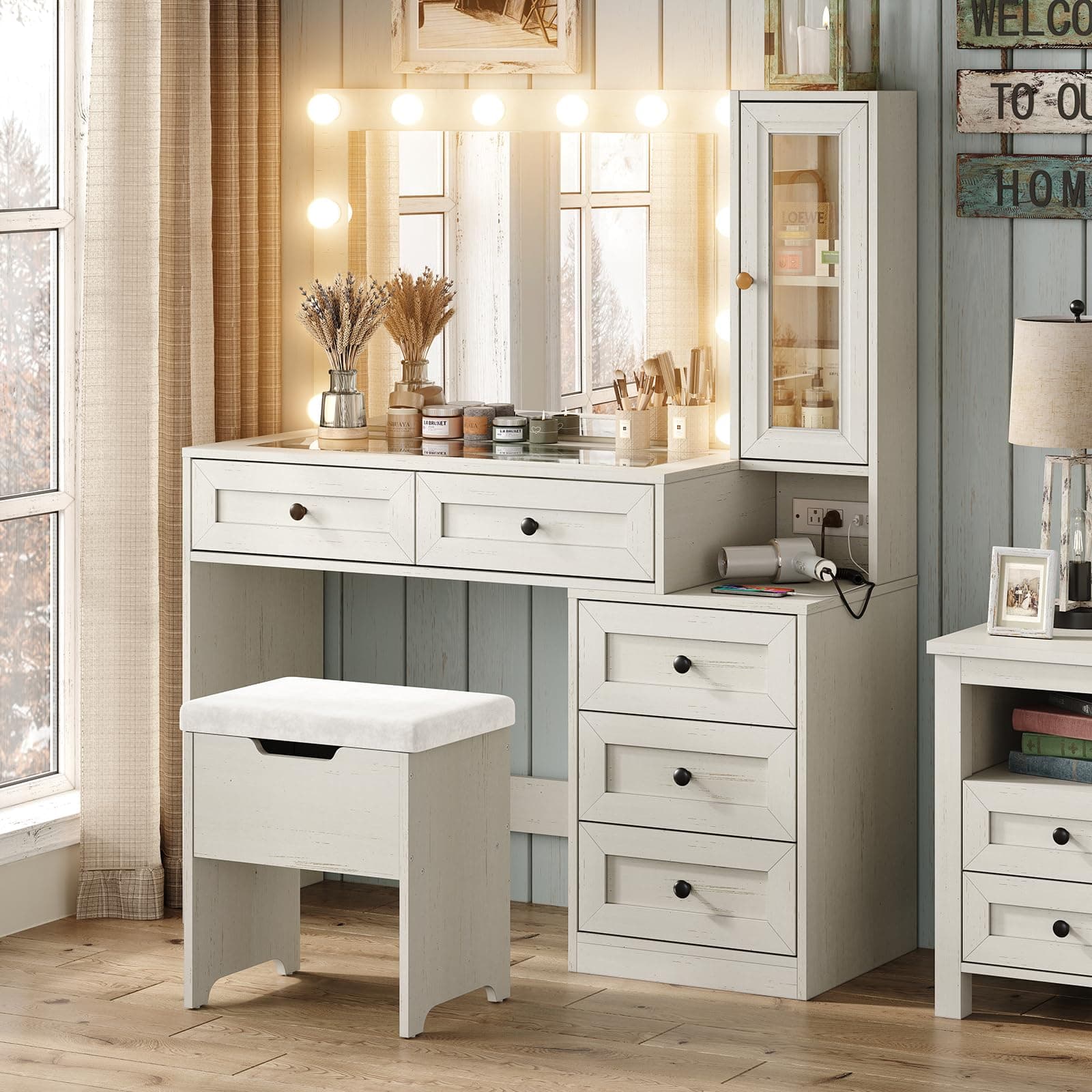 Farmhouse Mirror Large Vanity Desk with LED Bulbs, Makeup Vanity Table Set with Glass Tabletop, Charging Station & Power Outlet, Adjustable Lighting Modes, Bedroom, White