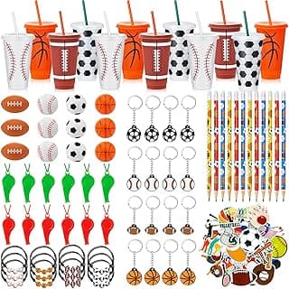 122 Pcs Sport Party Favors Football Basketball Soccer Baseball Goodie Bags Include Cups with Straw Mini Stress Ball Keychains Bracelets Whistles Stickers Pencils for Party Birthday Supplies