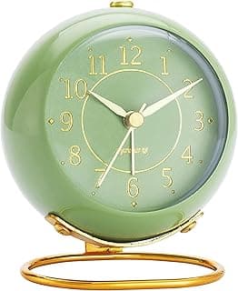 Metal Desk Clock, Retro Bedroom Table Vintage Analog Alarm Clock, Silent Non-Ticking Gold Clock, Bedside Décor(Olive-Green) image