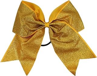 Glitter Cheer Bows - Cheerleading Softball Gifts for Girls and Women Team Bow with Ponytail Holder Complete your Cheerleader Outfit Uniform Strong Hair Ties Bands Elastics by Kenz Laurenz (1) (Gold) image