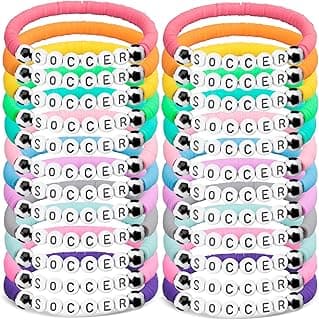 24PCs Soccer Bracelets Soccers Party Favors Charm Bracelets Clay Bead Stretch Stackable Bracelet for Teens Men Women Sport Party Favors (Soccer-A)