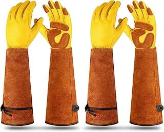 2 Pairs Long Gardening Gloves for Women Men Thorn Proof Rose Pruning Gloves Heavy Duty Gauntlet Leather Work Garden Gloves (Yellow, Medium) image