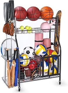 Sinoer Garage Sports Equipment Organizer with Hooks,Ball Storage Rack, Sports Equipment Storage, Golf Storage Garage Organizer for Bats, Toys Basketbal, Football, Soccer