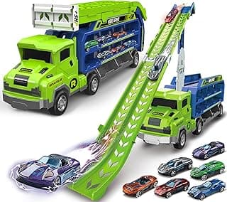 Kids Toys for 2 3 4 5 6 7 8 Years Old Boys, Carrier Truck Transport Car Toys, Foldable 2 Layer Car Race Track Playset with 46-in Race Track, 6 Metal Toy Cars, Birthday Toy Gift for Toddler Boys Girls image
