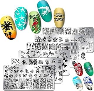 JERCLITY 6pcs Nail Stamping Plate Summer Beach Butterfly Leaf Geometry Image Plates Nail Art Design Stamping Kit Manicure Template Set image