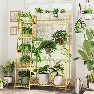 Bamworld Hanging Plant Stand Indoor, Bamboo Large Plant Shelf for Multiple Plants, Tall Ladder Coat Flower Rack for Window Garden Balcony Home Decor Living Room Bedroom image