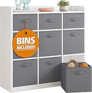 EnHomee Cube Storage Organizer, White Bookshelf with Storage, Cube Storage Shelf with 9 Fabric Storage Bins, Cubby Storage Organizer, 9 Closet Storage Organizers for Living Room Bedroom Office image