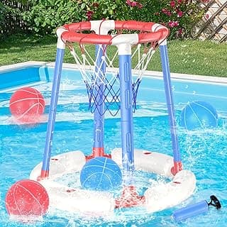 Pool Basketball Hoop Poolside, Floating Pool Toys with 4 Basketballs/Pump, Swimming Pool Games for Kids Ages 4-8 8-12 & Adults Indoor Outdoor Play