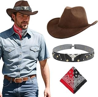 DOCILA Cowboy Hat Bandana Set Men Western Rancher Neckerchief Country Rodeo Outfit Accessories Felt Cattleman Cap Strap Band image