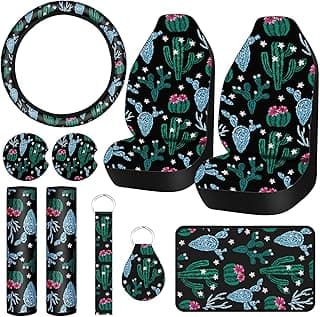 10 Pcs Cactus Car Seat Covers Full Set for Women Men Cute Steering Wheel Cover Cactus Print Front Seat Cover Belt Pad Armrest Pad Cover Car Keychain Wrist Holder for Universal Car SUV Truck image