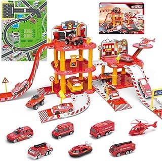 deAO Fire Station Toy Truck Car Race Tracks Vehicle Set Firefighting Playset Fire Station Pretend Play Toy with City Map Helicopter, Preschool Learning Educational Toys Birthday Gifts for Boys Girls