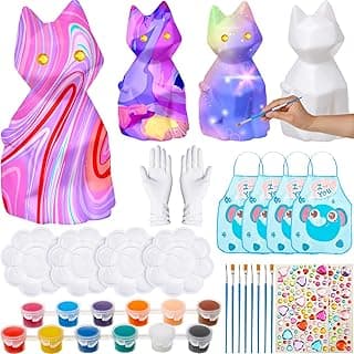 Liitrsh 4 Set Paint Your Own Cat Lamp Art Kit DIY Geometric Night Light Cat Craft for Kids Teens with Painting Brush Palettes Aprons Gloves and Stickers, Kid Drawing Kit Room Decoration Birthday Gift image