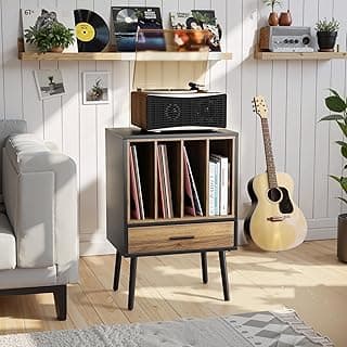 Record Player Stand with Nesting Vinyl Storage Crate, Mid-Century Turntable Stand Record Player Table with a Drawer, Vintage Side Table End Table with Solid Wood Legs for Turntables Living Room image