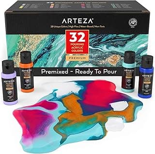 ARTEZA Acrylic Pouring Paint Set of 32, 2 ounce Bottles, Assorted Colors, High Flow Paint, Art Supplies for Pouring on Canvas, Glass, Paper, Wood image