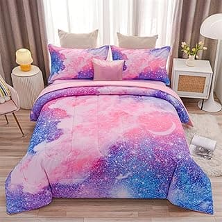 A Nice Night Galaxy Bedding Sets Outer Space Comforter 3D Printed Space Quilt Set Twin 6Pcs Glitter Pink,for Children Boy Girl Teen Kids image