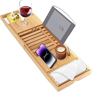 SereneLife Luxury Bamboo Bathtub Caddy Tray - Adjustable Natural Wood Bath Tub Organizer with Wine Holder, Cup Placement, Soap Dish, Book Space & Phone Slot for Spa, Bathroom & Shower - SLBCAD20 image