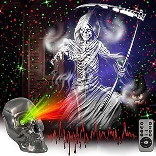 Halloween Projection Light with Timer 5 Red and Green Light Modes and Scary Music 3D Grim Reaper Projection Decorative Light for Outdoor, Indoor Walls, Floors, Roofs and Halloween Decoration Party image