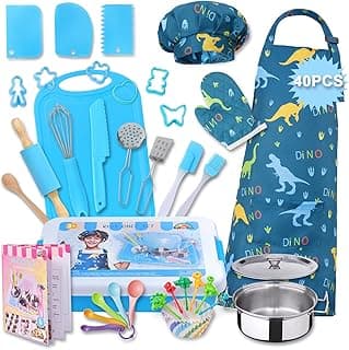 42 Pieces Kids Real Cooking Set,Kids Knife Set,Kids Baking Set,Cookware,Kids Play Pots and Pans,Mini Stainless Steel Pretend Play Cooking Toys,Apron and Chef Hat for Boys,Sensory Toys
