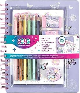 Three Cheers for Girls - Butterfly All-In-1 Sketchbook Set - Girls Diary, Journal, Sketch Book for Kids w/ Pencils, Stickers & More - Drawing Kit for Kids - Unlined Diary for Girls - Kids Sketch Pad image