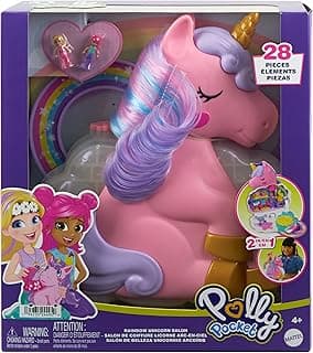 Polly Pocket 2 in 1 Beauty Salon Rainbow Unicorn with 2 Dolls, Animals and Accessories, Bust for Styling, Toy +4 Years (Mattel HYD97) image