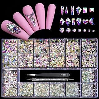 12 Types of 600 Iridescent Diamonds + 2500 Flat Rhinestones Mix 20 Styles Flatback DIY Crafts Rhinestone Crystals 3D Decorations Flat Back Stones Set +Tweezers + Drill Pen image