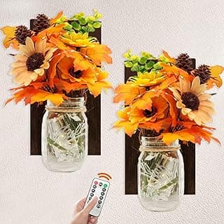 2 Set Fall Mason Jar Sconce Wall Decor, Rustic Wall Sconces Mason Jar Fairy Lights with Remote Control Artificial Fall Maple Flower Stem Wall Hanging Jar Sconce for Farmhouse Harvest Home Room image