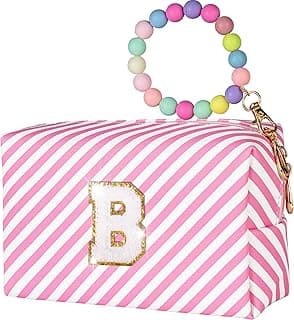 Preppy Makeup Bag, Chenille Letter Pouch Cosmetic Bag, PU Leather Toiletry Bag, Personalized Birthday Gift for Kids Girl, Cute Preppy Stuff for Girls 3-12(Letter B) image