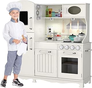 Play Kitchen - Wooden Kitchen Playset for Toddlers & Big Kids - Mini Pretend Toy Kitchenette for Boys & Girls - Vintage Phone, Refrigerator & Ice Maker, Sink, Pots, Pans, Cooking Utensils - Ages 3-10 image