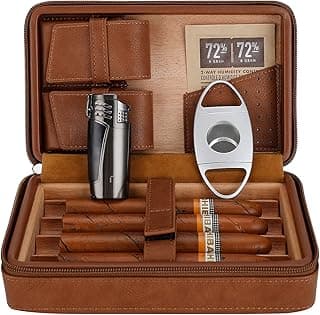 Cigar Travel Humidor, Cedar Wood Leather Cigar Case with Cigar Accessories Gift Set, Brown image
