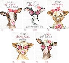 Silly Goose Gifts Darling Watercolor Cow Calf Farm Themed Valentines Day Card for Kids School Classroom Exchange (Set of 25) Farmhouse Country Highland image
