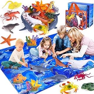 GINMIC Kids Ocean Animals Toys with Large Play Mat , 18 Pack Assorted Realistic Sea Animal Toys with Carrier Bag Including Shark, Whale, Dolphin etc, for Toddler, Boys & Girls Ages 3-8