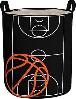 Laundry Hamper with Lining, Basketball Laundry Basket, Black Red Waterproof Foldable Storage Bin for Bedroom,Basketball Printed Clothes Organizer Basket, Kids Toys Box 14x18 Inch (Basketball, 43L) image