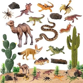 SIENON 32Pcs Desert Animal Figurines Set Model Trees Cactus Kit Desert Diorama Project with Camel Fennec Fox Rattlesnake Scorpion Lizard Reptile Toy Playset for Kids Birthday Cake Toppers Party Décor image