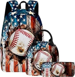 3PCS Backpack for Girls Boys,Teens Flag Baseball School Backpack with Lunch Box Pencil Case, 17 Inch Lightweight Students Backpack 3 in 1 Set for Elementary Middle High School