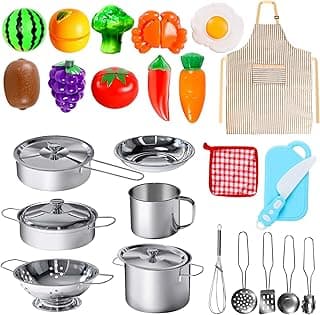 28Pcs Pretend Play Kitchen Toys, Kitchen Playset Cooking Toys Set with Stainless Steel Cookware and Accessories for Kids Toddlers Girls Boys image