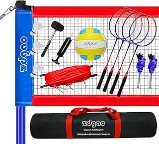 Badminton & Volleyball Combo Set- 32FT Adjustable Professional Volleyball Net for Lawn, Backyard, Easy Set up Volley ball Set with Volley ball,Badminton Racquets,Carry Bag,Boundary Line for Family Fun