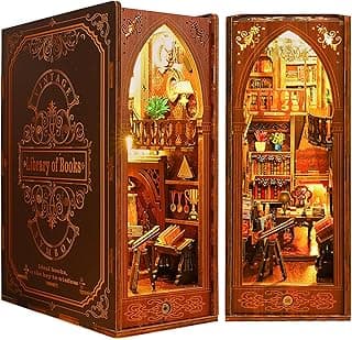 DIY Miniature Book Nook Kit - 3D Model Wooden Dollhouse Puzzle Toy with LED Light, Book Nook Kits for Adults Teen, Building Mini Doll House Bookends Shelf Decor Gifts (Library of Books) image