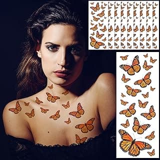 200 Pcs Orange Butterflies Monarch Stickers Butterfly Makeup Halloween Dia De Los Muertos Mariposas Monarcas Temporary Tattoo 10 Sheet Day Of The Dead Tattoos for Women Face Eye Tattoo image
