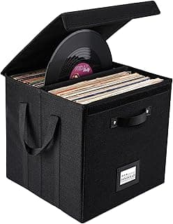 Vinyl Record Storage Box, Vinyl Record Case for LP Album Storage, 13 Inch Linen Fabric Storage Crate Cube Bins with Lid for 120+ Single Records, Stackable & Collapsible Vinyl Record Organizer image