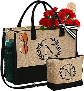 YOOLIFE Valentines Day Gifts - Initial Jute Tote Bag & Makeup Bag, Birthday Gifts for Women Her Wife Mom Teacher Friend image