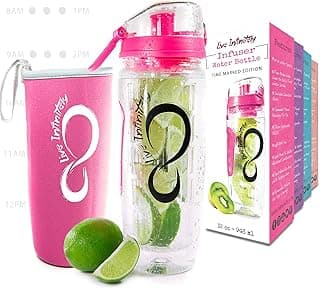 Live Infinitely 32 oz. Fruit Infuser Water Bottles With Time Marker, Insulation Sleeve & Recipe eBook - Fun & Healthy Way to Stay Hydrated (Pink Timeline, 32 Ounce) image