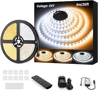 White LED Strip Lights Dimmable 26ft 24V 3000K-6500K LED Tape Rope Light with Remote Flexible 2835 LED Ribbon for Kitchen Under Cabinet Bedroom Mirror Indoor Home Daylight Warm White image