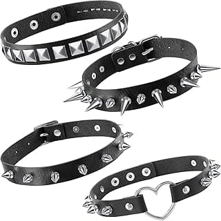 4 Pcs Women Men Cool Punk Choker Gothic Goth Spike Heart Shape Biker Choker PU Leather Collar Studded Rock Necklace (Black)