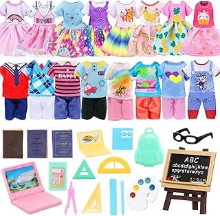 22 PCS 6 inch Dolls School Set - Doll Clothes and Accessories Including 2 Clothes Sets 3 Fashion Dresses 1 Computer 1 Glasses and 15 pcs Study Accessories image