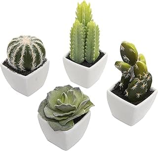 MyGift Set of 4 Assorted Miniature Artificial Succulent & Cactus Plants in White Cube-Shaped Pots image
