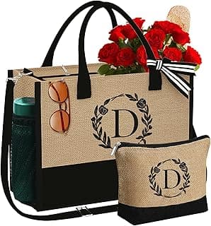 Personalized Gifts for Women - Initial Jute Tote Bag & Makeup Bag, Birthday Gifts for Women Mom Wife Teacher Friend