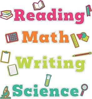 Carson Dellosa 37-Piece Core Subjects Bulletin Board Set, Reading, Math, Writing, and Science Subject Signs for Classroom Bulletin Boards, Wall Décor, Language Arts and Math Classroom Décor image