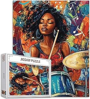 Rock Music Girl 1000 Piece Jigsaw Puzzles for Adults Black Woman Musican Painting Jigsaw Puzzle Africa Female 1000 Pieces Puzzles Game Girl Playing Musical Equipment Wall Decor DIY Craft Puzzle Art image